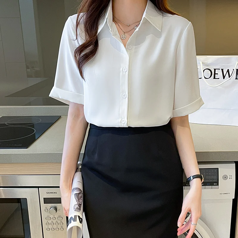 Summer Short Sleeve V-Neck Chiffon Shirt Women's Clothing 2024 Spring New Office Lady Loose Casual Pullover Blouse