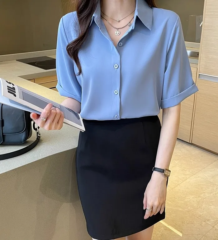 Summer Short Sleeve V-Neck Chiffon Shirt Women's Clothing 2024 Spring New Office Lady Loose Casual Pullover Blouse