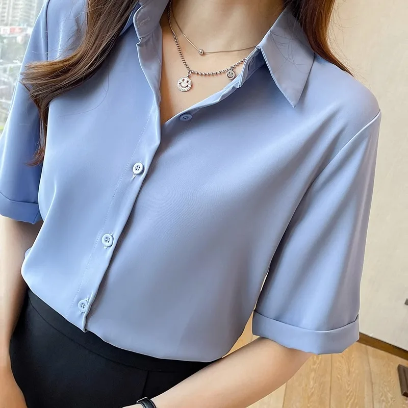 Summer Short Sleeve V-Neck Chiffon Shirt Women's Clothing 2024 Spring New Office Lady Loose Casual Pullover Blouse