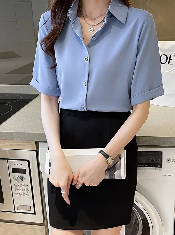 Summer Short Sleeve V-Neck Chiffon Shirt Women's Clothing 2024 Spring New Office Lady Loose Casual Pullover Blouse