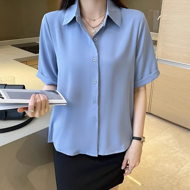Summer Short Sleeve V-Neck Chiffon Shirt Women's Clothing 2024 Spring New Office Lady Loose Casual Pullover Blouse