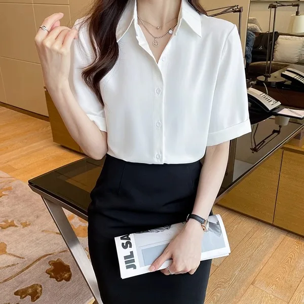 Summer Short Sleeve V-Neck Chiffon Shirt Women's Clothing 2024 Spring New Office Lady Loose Casual Pullover Blouse