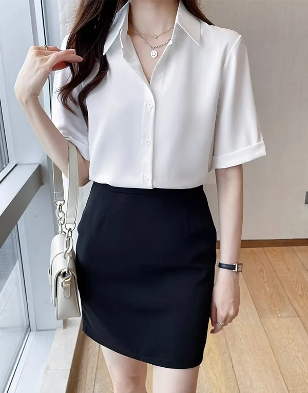 Summer Short Sleeve V-Neck Chiffon Shirt Women's Clothing 2024 Spring New Office Lady Loose Casual Pullover Blouse