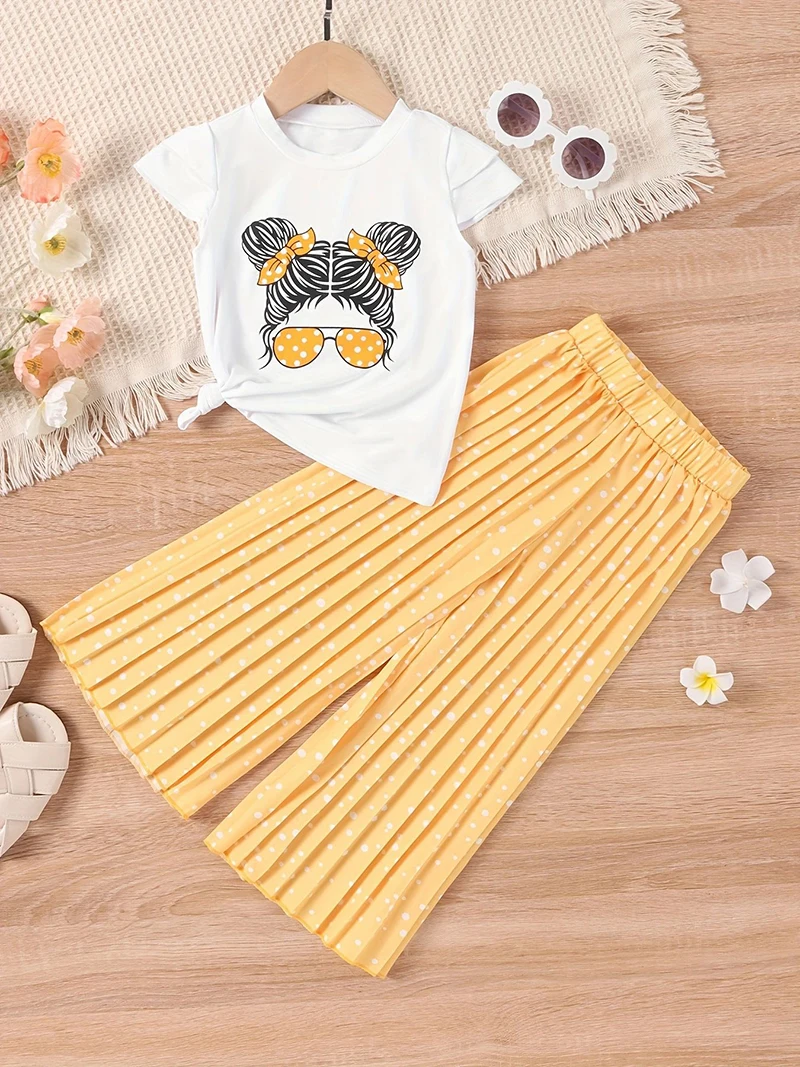 Summer Girls Clothing Sets New Cotton Fashion Short Sleeved+Wide Leg Pants Casual Two Piece Set Kids Clothes 2 3 4 5 6 7 Years