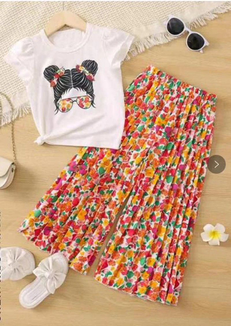 Summer Girls Clothing Sets New Cotton Fashion Short Sleeved+Wide Leg Pants Casual Two Piece Set Kids Clothes 2 3 4 5 6 7 Years