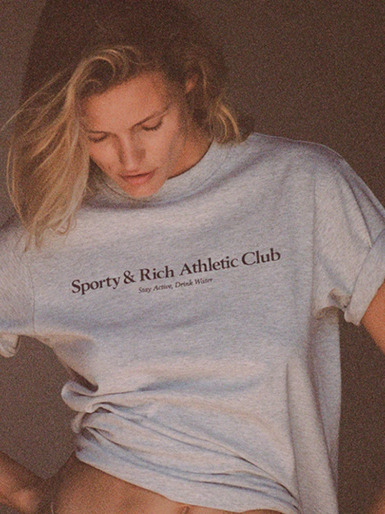 Sporty Rich Letter Graphic Print Women T-Shirt Summer Short Sleeve Lady Pullover Classic Casual Femme Top 2024