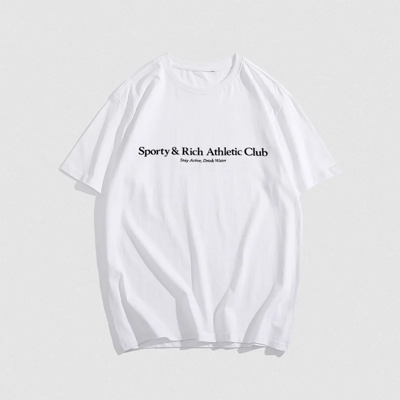 Sporty Rich Letter Graphic Print Women T-Shirt Summer Short Sleeve Lady Pullover Classic Casual Femme Top 2024