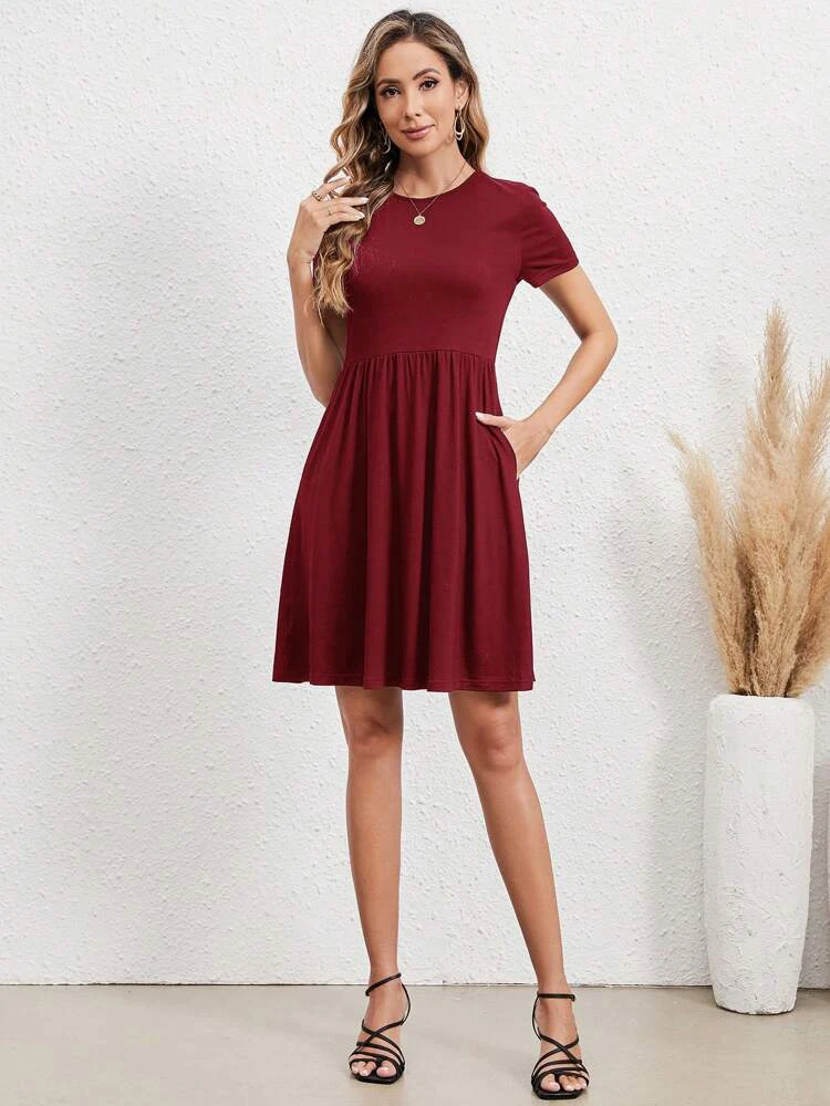 Elastic Waist Short Sleeve Dress Knitted Round Neck Short Sleeve Dress