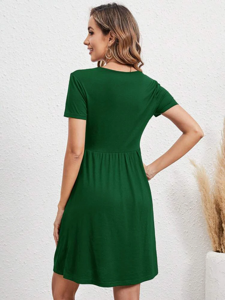 Elastic Waist Short Sleeve Dress Knitted Round Neck Short Sleeve Dress