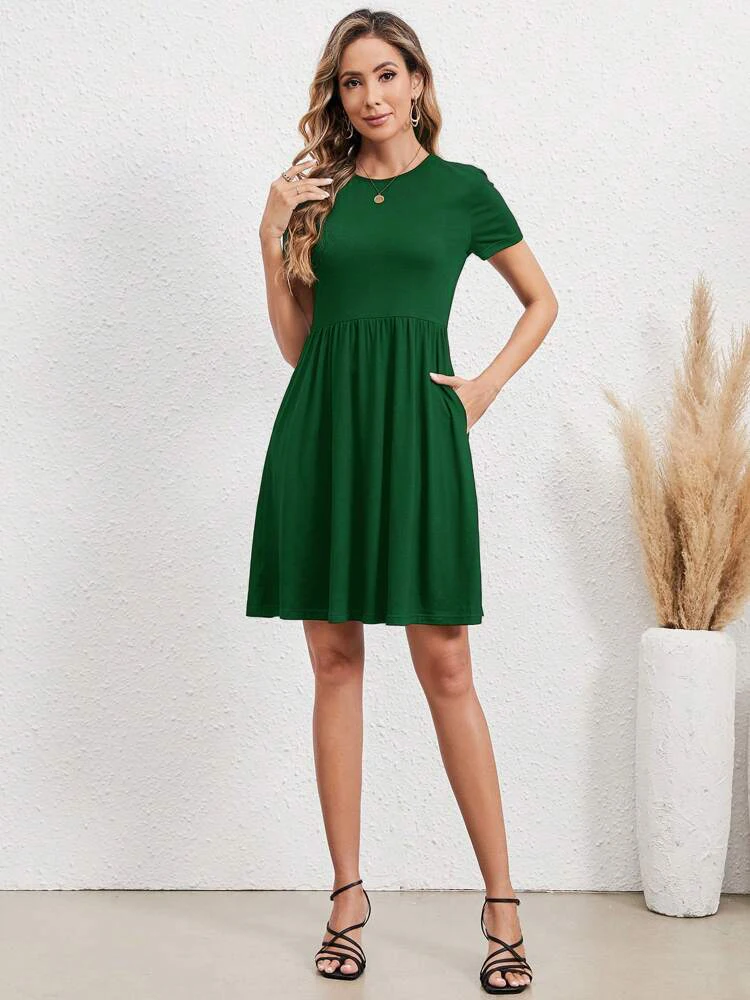 Elastic Waist Short Sleeve Dress Knitted Round Neck Short Sleeve Dress