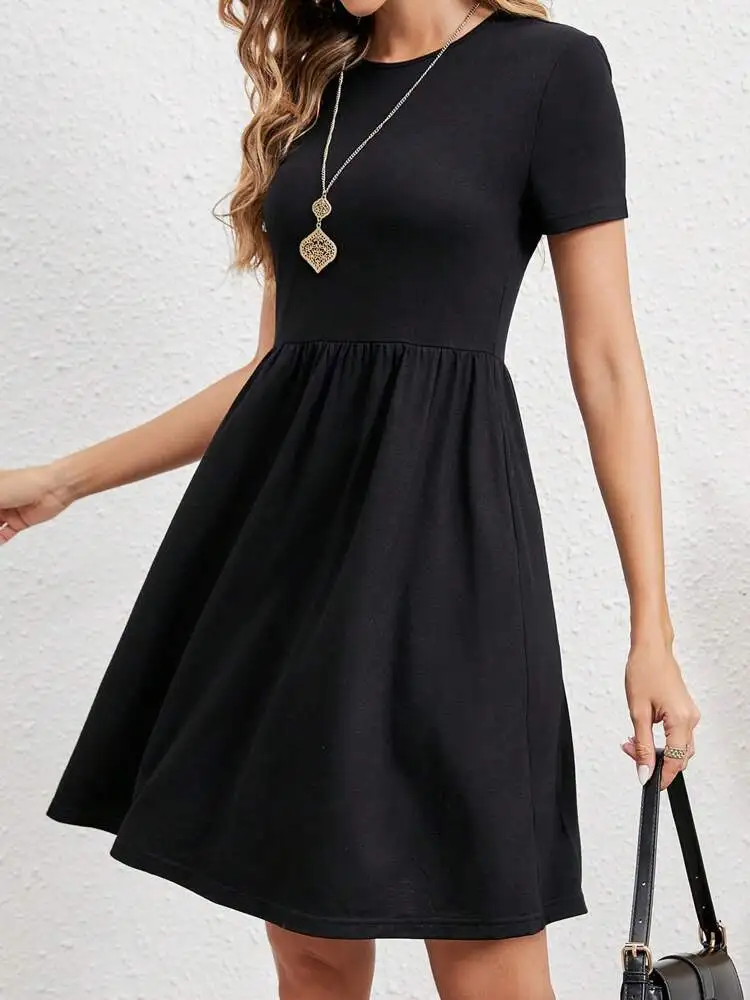 Elastic Waist Short Sleeve Dress Knitted Round Neck Short Sleeve Dress