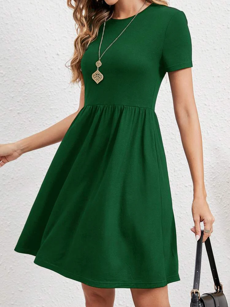 Elastic Waist Short Sleeve Dress Knitted Round Neck Short Sleeve Dress