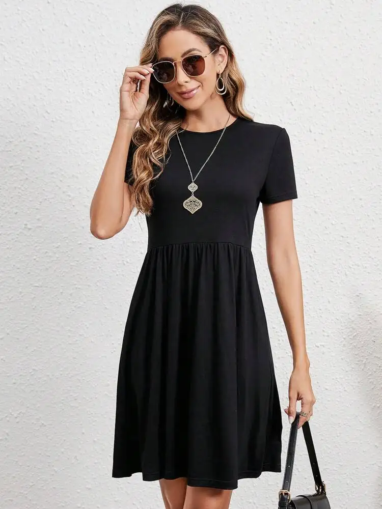 Elastic Waist Short Sleeve Dress Knitted Round Neck Short Sleeve Dress