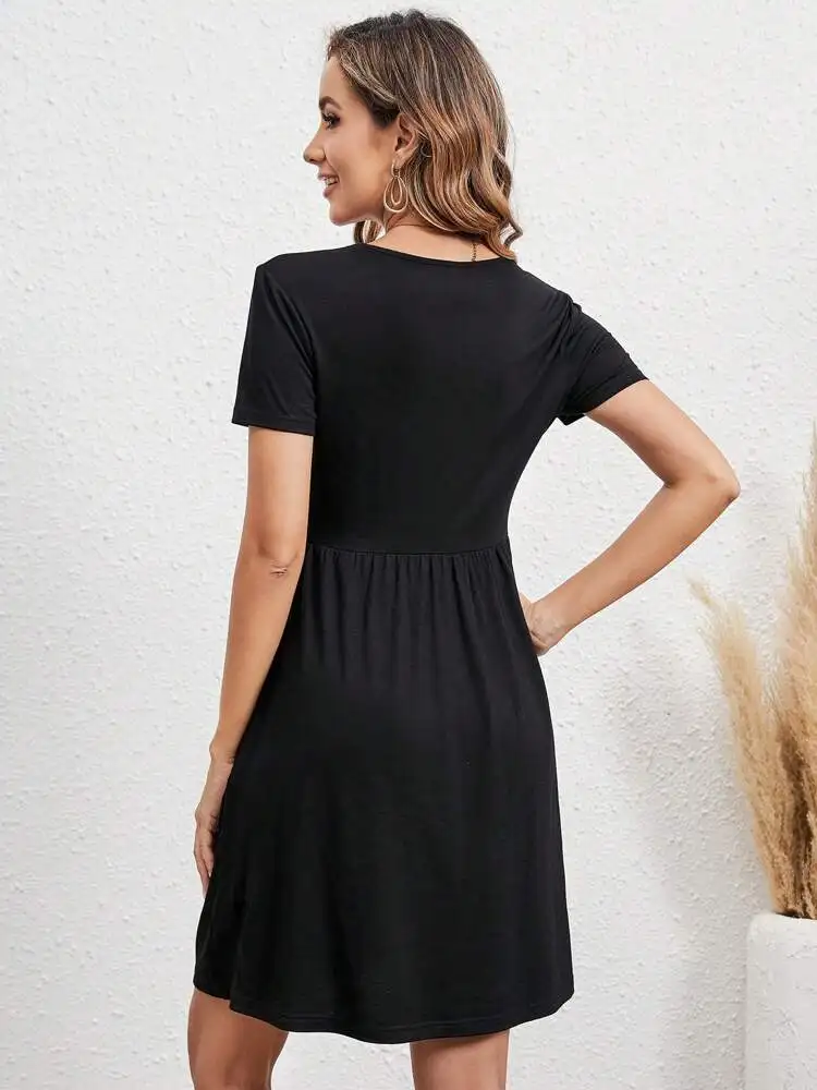 Elastic Waist Short Sleeve Dress Knitted Round Neck Short Sleeve Dress