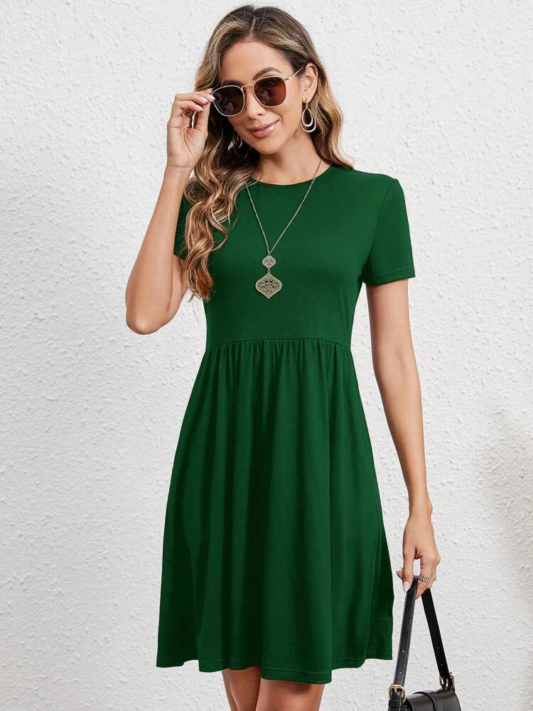 Elastic Waist Short Sleeve Dress Knitted Round Neck Short Sleeve Dress