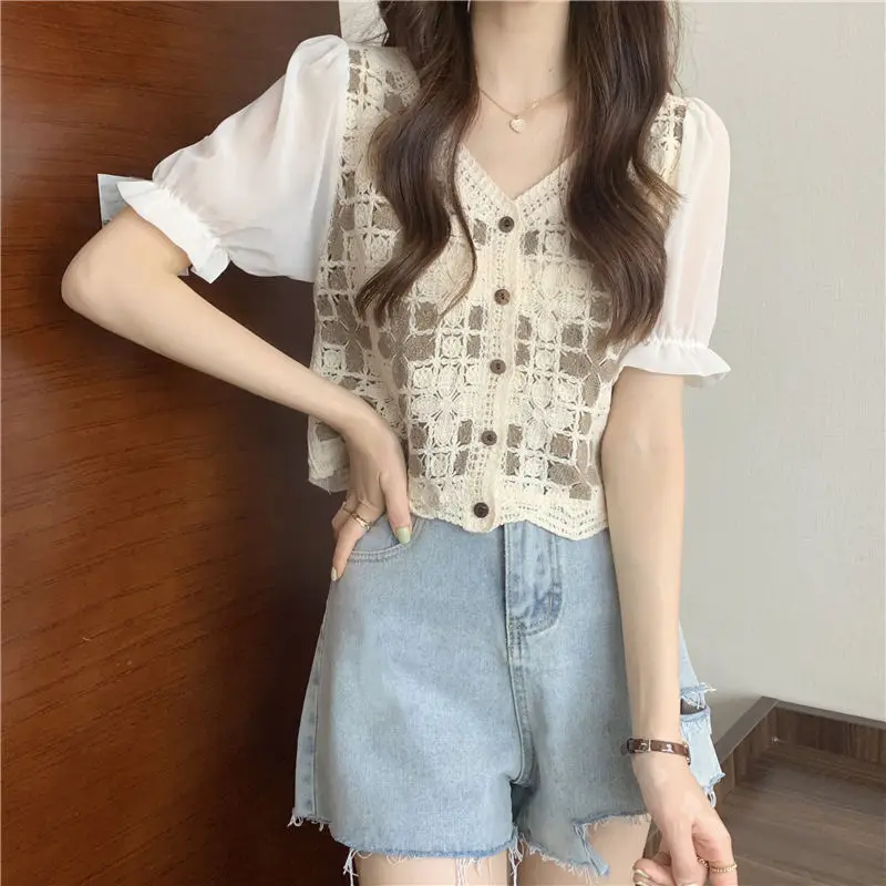 Women Crochet Knit Top with Chiffon Half Sleeve V-Neck Button Down Embroidery Floral Blouse Cardigan Spring Summer Boho Festival