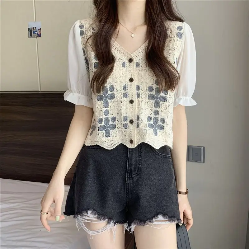 Women Crochet Knit Top with Chiffon Half Sleeve V-Neck Button Down Embroidery Floral Blouse Cardigan Spring Summer Boho Festival