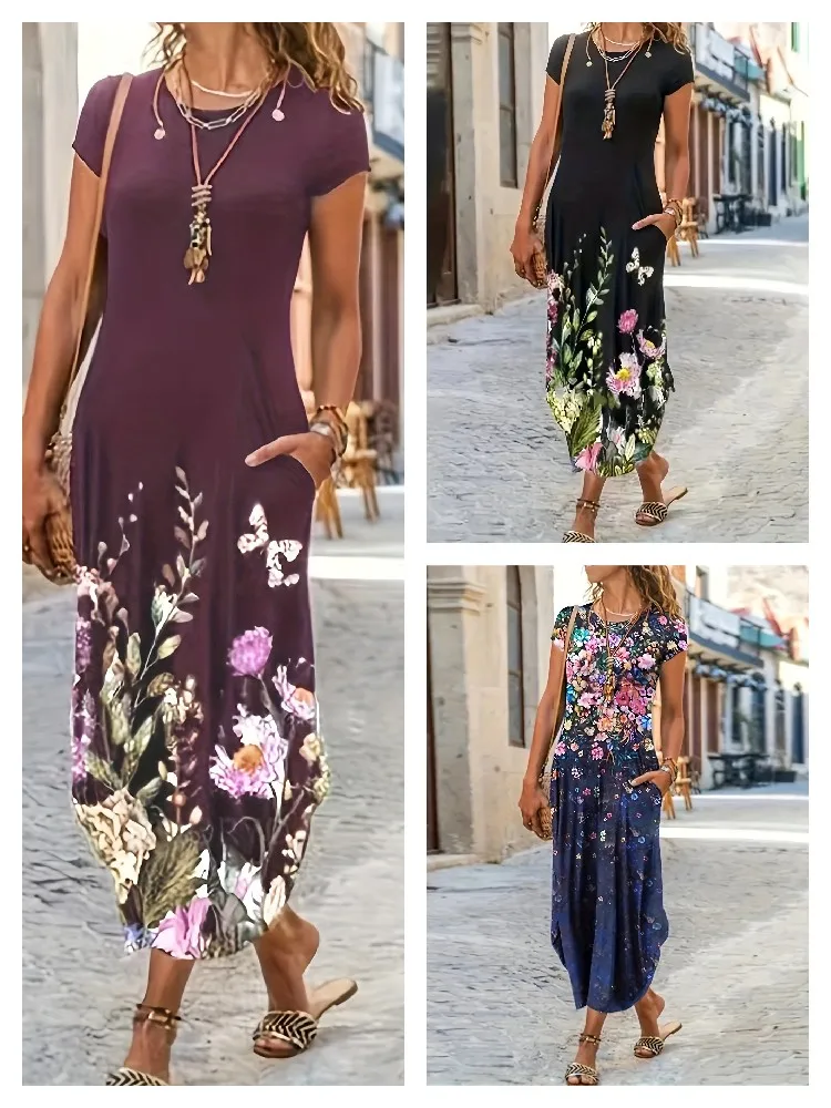 Women's Summer New Casual Fashion Printed Pocket Dress Women's Mid length Dress