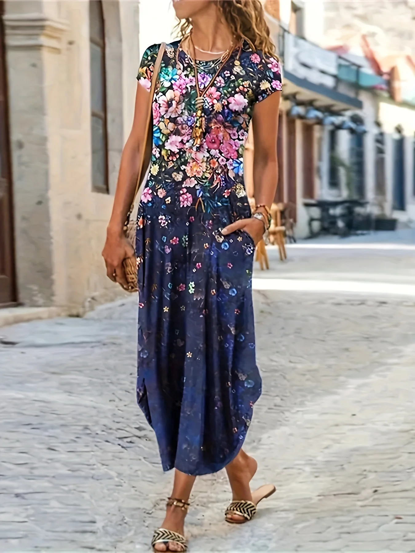 Women's Summer New Casual Fashion Printed Pocket Dress Women's Mid length Dress