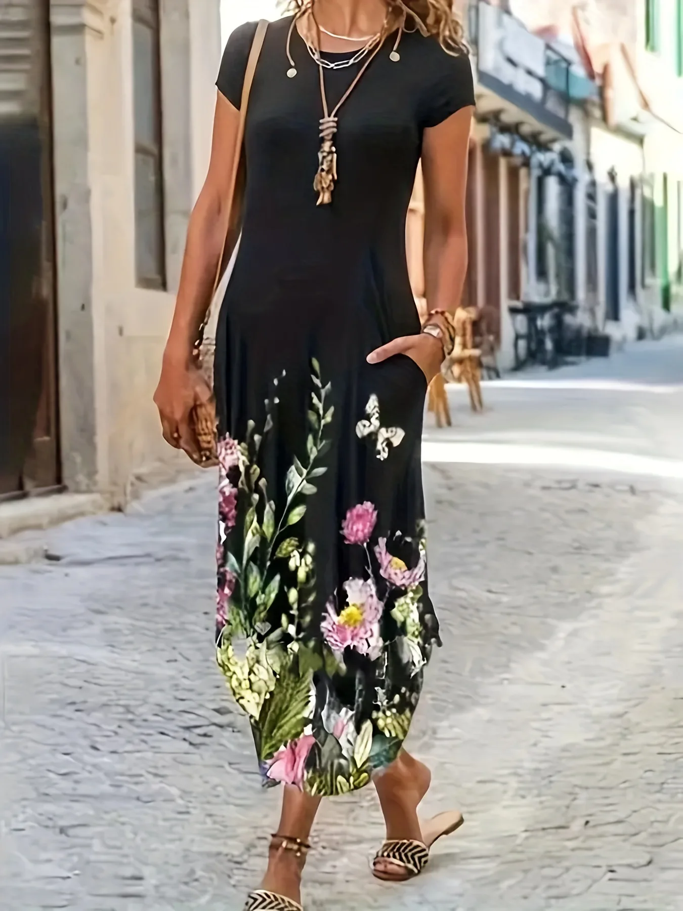 Women's Summer New Casual Fashion Printed Pocket Dress Women's Mid length Dress