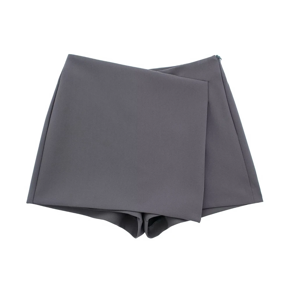 Women Fashion Asymmetric Pareo Style Self Overlay Shorts Skirts Vintage High Waist Side Zipper Female Skort Mujer