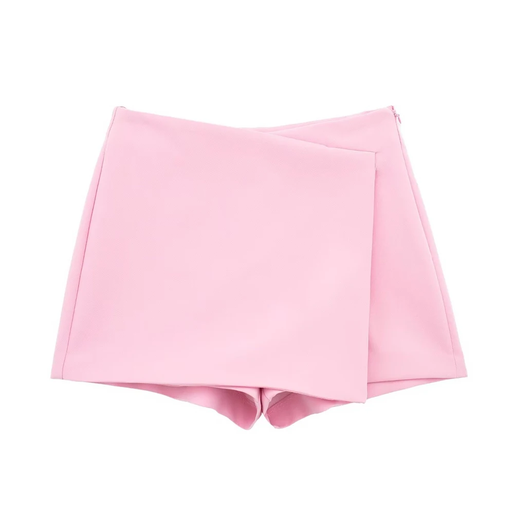 Women Fashion Asymmetric Pareo Style Self Overlay Shorts Skirts Vintage High Waist Side Zipper Female Skort Mujer