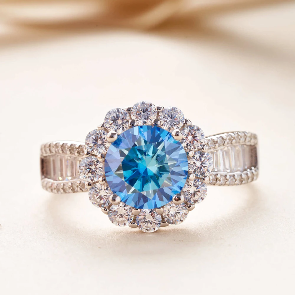 JoyceJelly 2ct Royal Blue Moissanite Ring for Cham Lady Round 8H8A Cut VVS1 Moissanite Diamond Dating Wedding Party Jewerly Gift