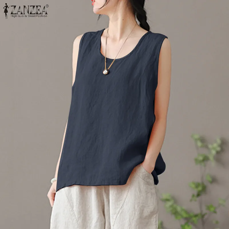 2024 ZANZEA Summer Tanks Tops Women Fashion Sleeveless O Neck Blouse Elegant Solid OL Work Shirt Beach Vest Tunic Mujer Oversize