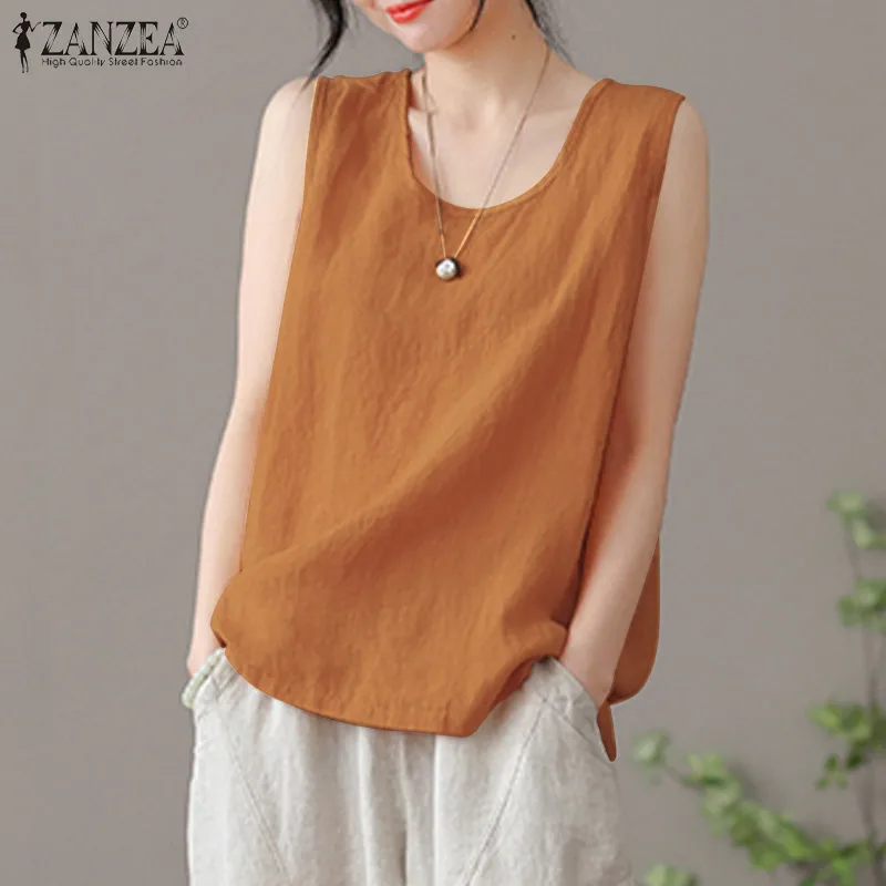 2024 ZANZEA Summer Tanks Tops Women Fashion Sleeveless O Neck Blouse Elegant Solid OL Work Shirt Beach Vest Tunic Mujer Oversize