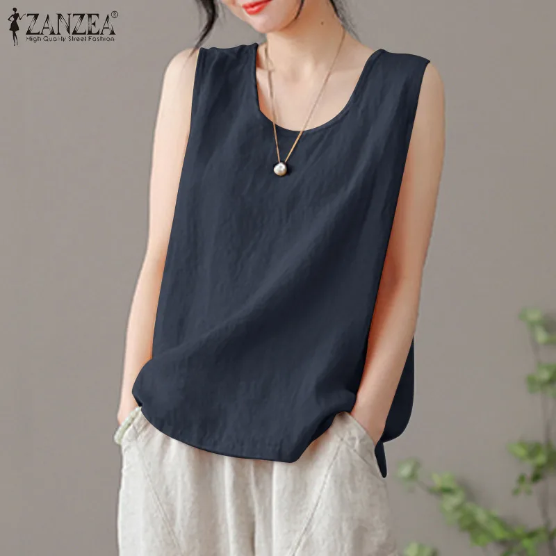2024 ZANZEA Summer Tanks Tops Women Fashion Sleeveless O Neck Blouse Elegant Solid OL Work Shirt Beach Vest Tunic Mujer Oversize