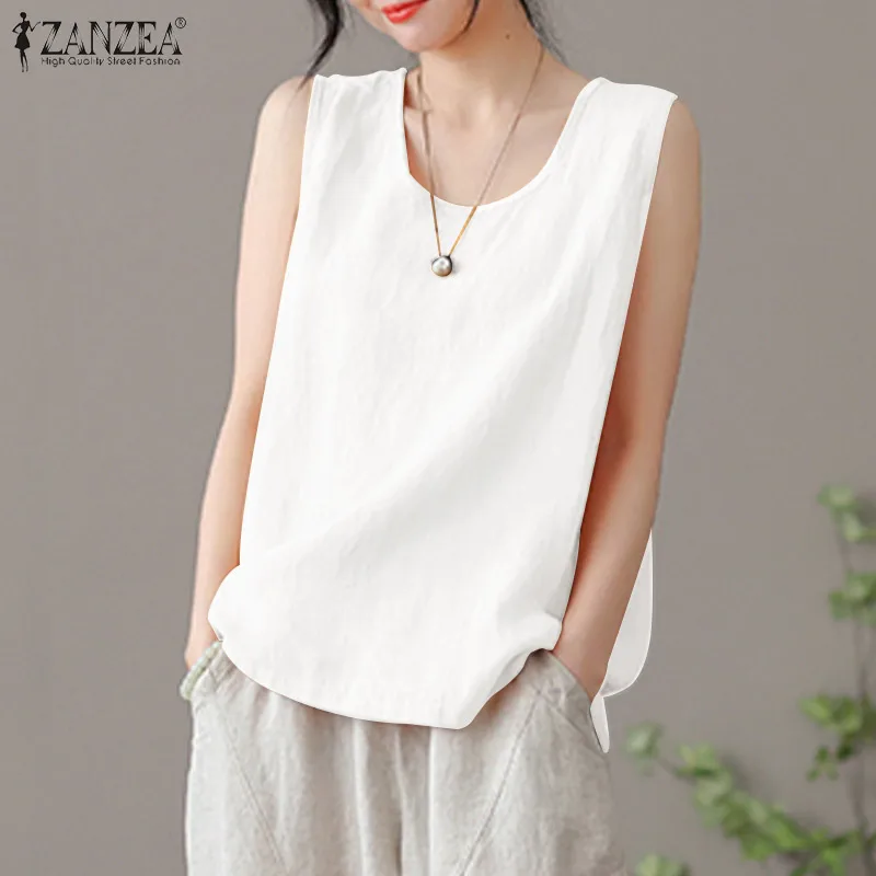 2024 ZANZEA Summer Tanks Tops Women Fashion Sleeveless O Neck Blouse Elegant Solid OL Work Shirt Beach Vest Tunic Mujer Oversize