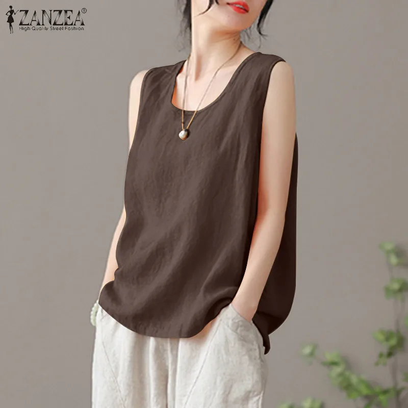 2024 ZANZEA Summer Tanks Tops Women Fashion Sleeveless O Neck Blouse Elegant Solid OL Work Shirt Beach Vest Tunic Mujer Oversize