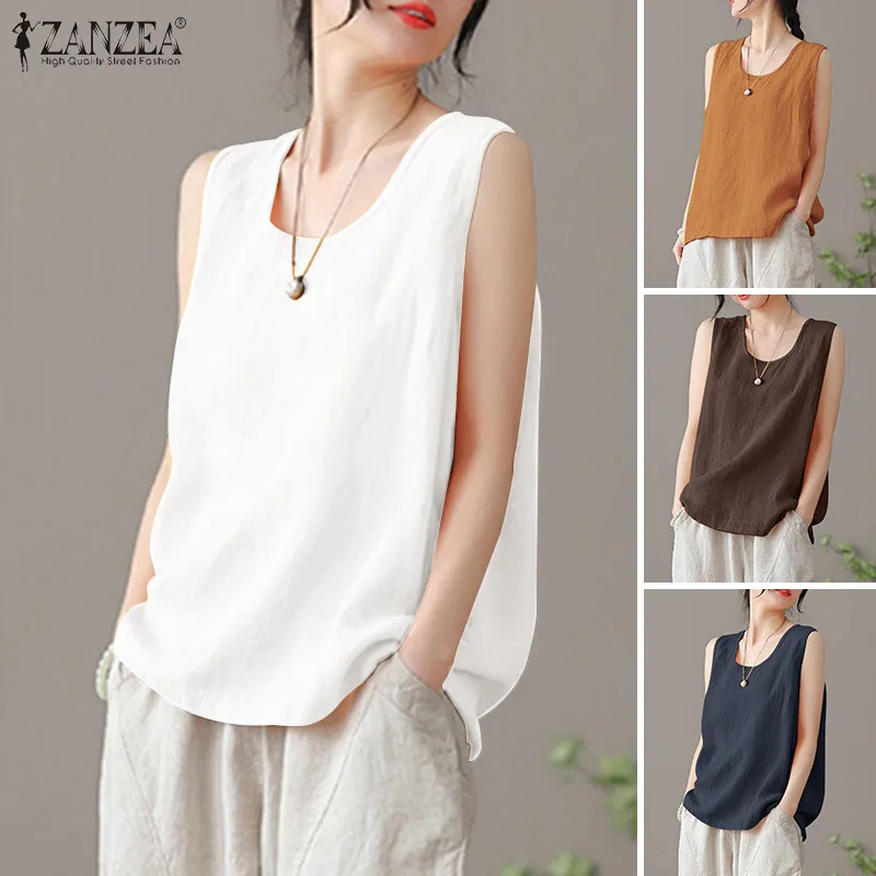 2024 ZANZEA Summer Tanks Tops Women Fashion Sleeveless O Neck Blouse Elegant Solid OL Work Shirt Beach Vest Tunic Mujer Oversize