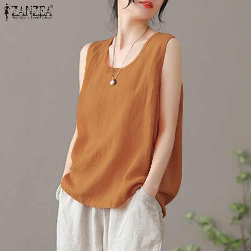 2024 ZANZEA Summer Tanks Tops Women Fashion Sleeveless O Neck Blouse Elegant Solid OL Work Shirt Beach Vest Tunic Mujer Oversize