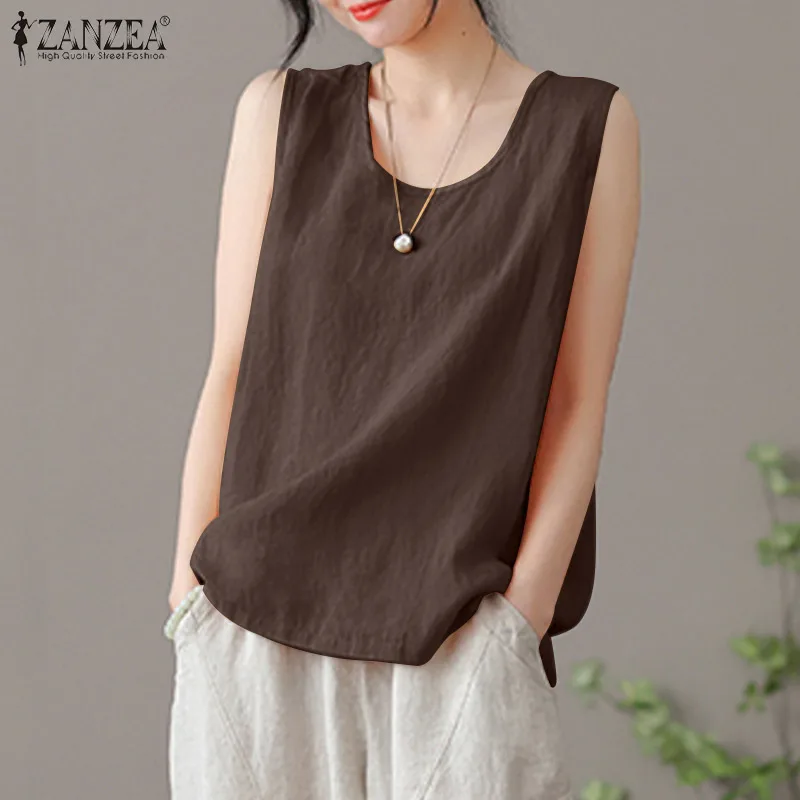 2024 ZANZEA Summer Tanks Tops Women Fashion Sleeveless O Neck Blouse Elegant Solid OL Work Shirt Beach Vest Tunic Mujer Oversize