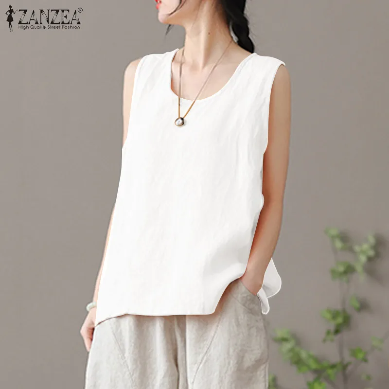 2024 ZANZEA Summer Tanks Tops Women Fashion Sleeveless O Neck Blouse Elegant Solid OL Work Shirt Beach Vest Tunic Mujer Oversize
