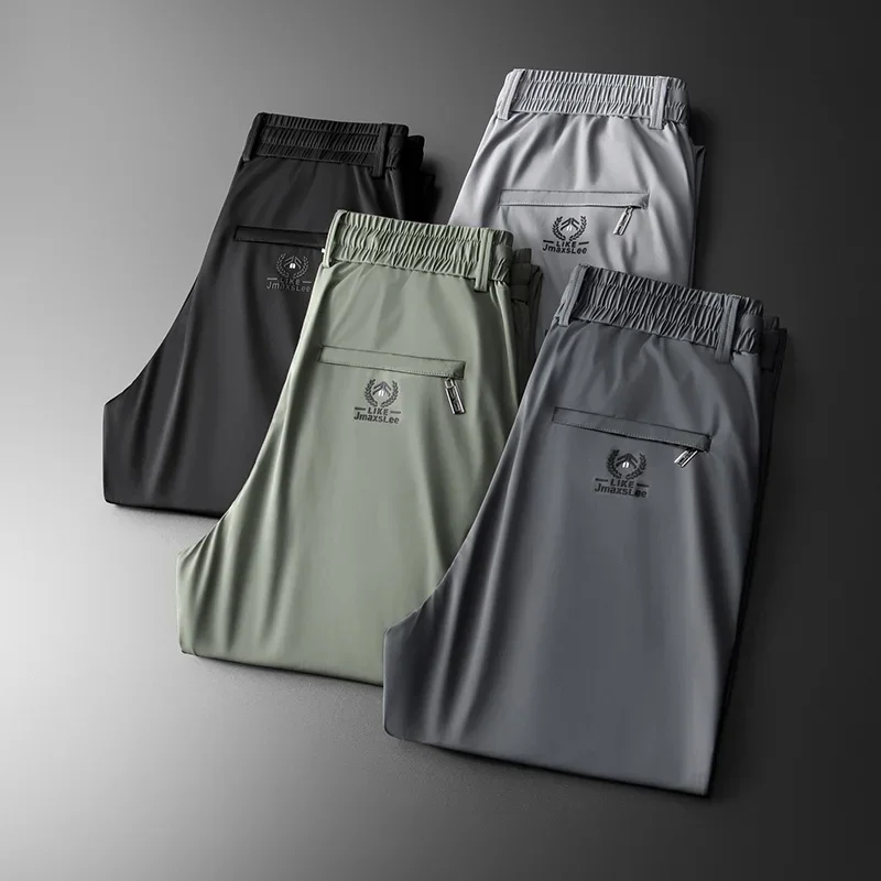 2024 Summer Soft Ice Silk Fabric Men's Thin Casual Pants Korean-style fashion Straight High Stretch Trousers Male Luxury Brand