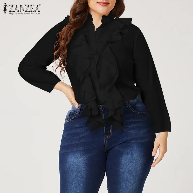 ZANZEA Spring Elegant Office Ruffles Shirts Women Long Sleeve Work Flounce Blouse Female Blusas Party Chemise Fashion Tunic Tops