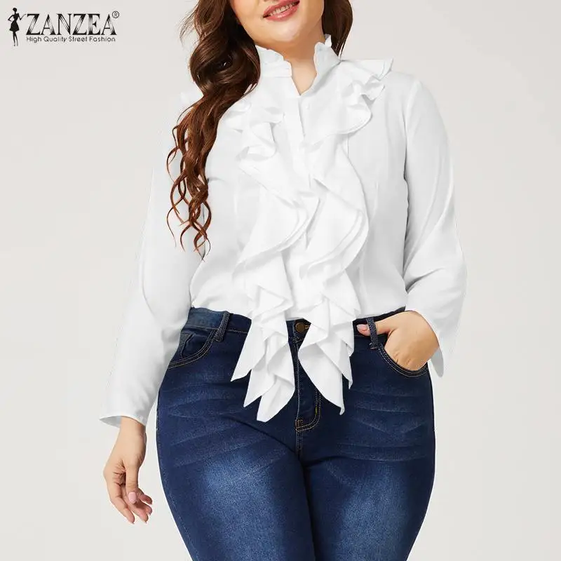 ZANZEA Spring Elegant Office Ruffles Shirts Women Long Sleeve Work Flounce Blouse Female Blusas Party Chemise Fashion Tunic Tops