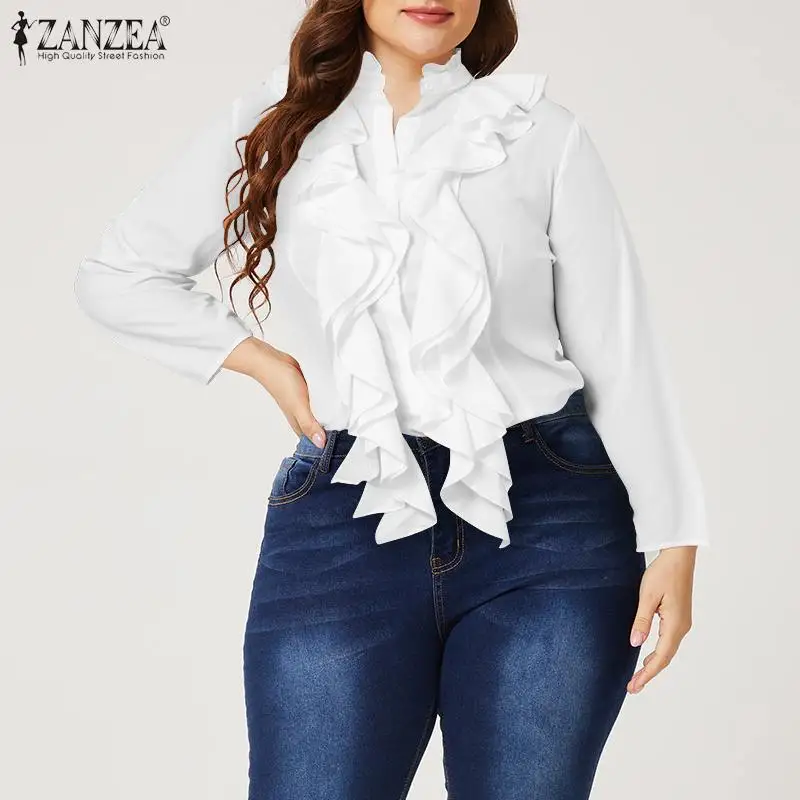 ZANZEA Spring Elegant Office Ruffles Shirts Women Long Sleeve Work Flounce Blouse Female Blusas Party Chemise Fashion Tunic Tops