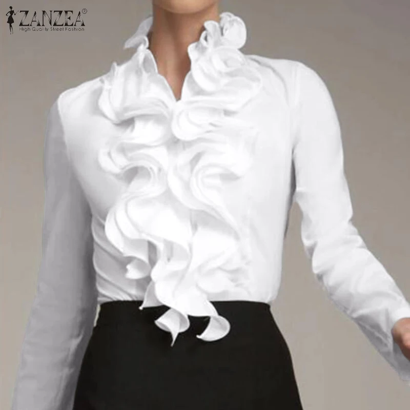 ZANZEA Spring Elegant Office Ruffles Shirts Women Long Sleeve Work Flounce Blouse Female Blusas Party Chemise Fashion Tunic Tops
