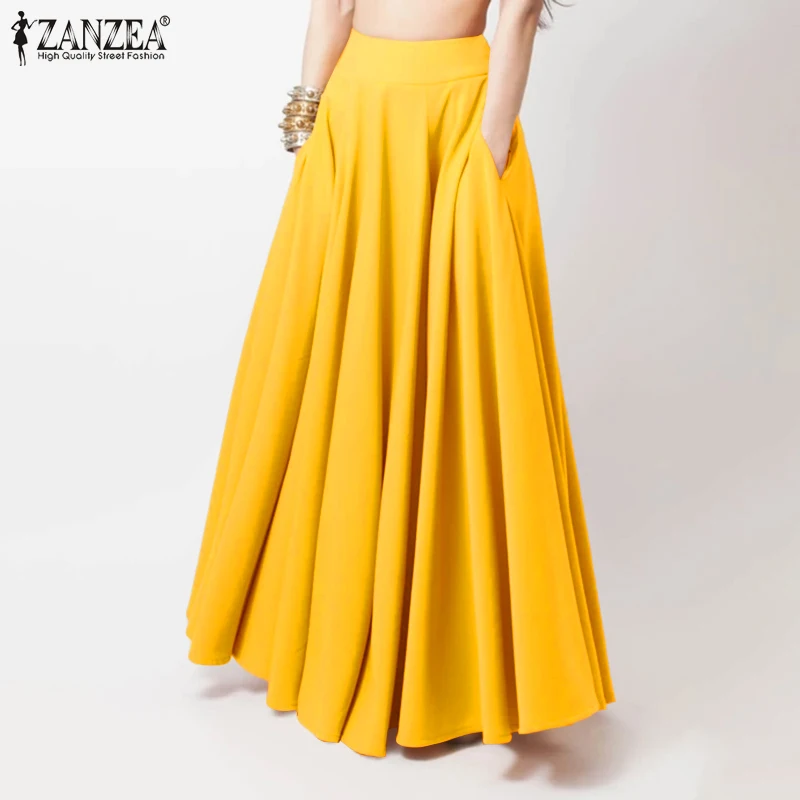 2024 ZANZEA Women Spring Sundress Fashion Maxi Skirts Elegant Long Party Vestidos Female High Waist Solid Robe Beach Faldas Saia