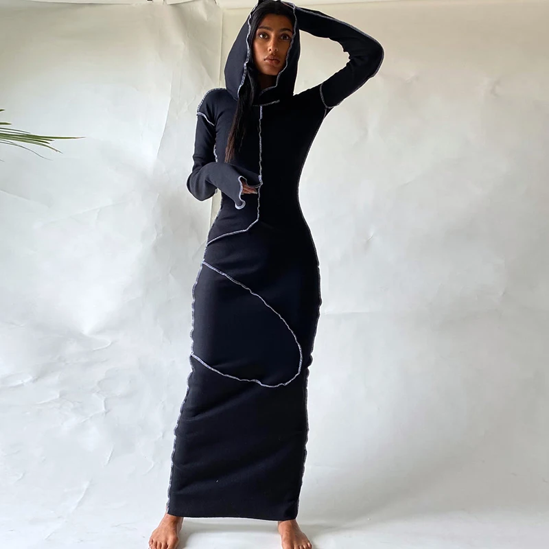 Dulzura Women 2024 Autumn Winter Fashion Long Sleeve Streetwear Bodycon Black Long Dress Wholesale Items For Business