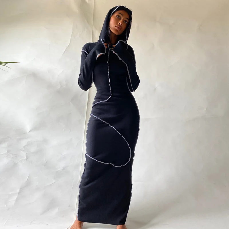 Dulzura Women 2024 Autumn Winter Fashion Long Sleeve Streetwear Bodycon Black Long Dress Wholesale Items For Business