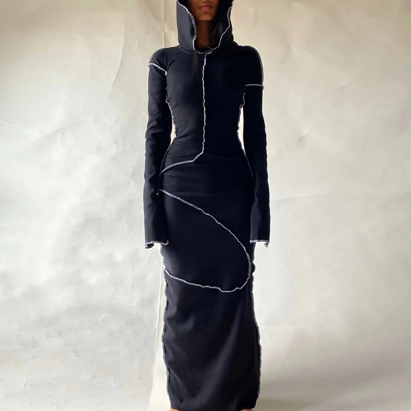Dulzura Women 2024 Autumn Winter Fashion Long Sleeve Streetwear Bodycon Black Long Dress Wholesale Items For Business