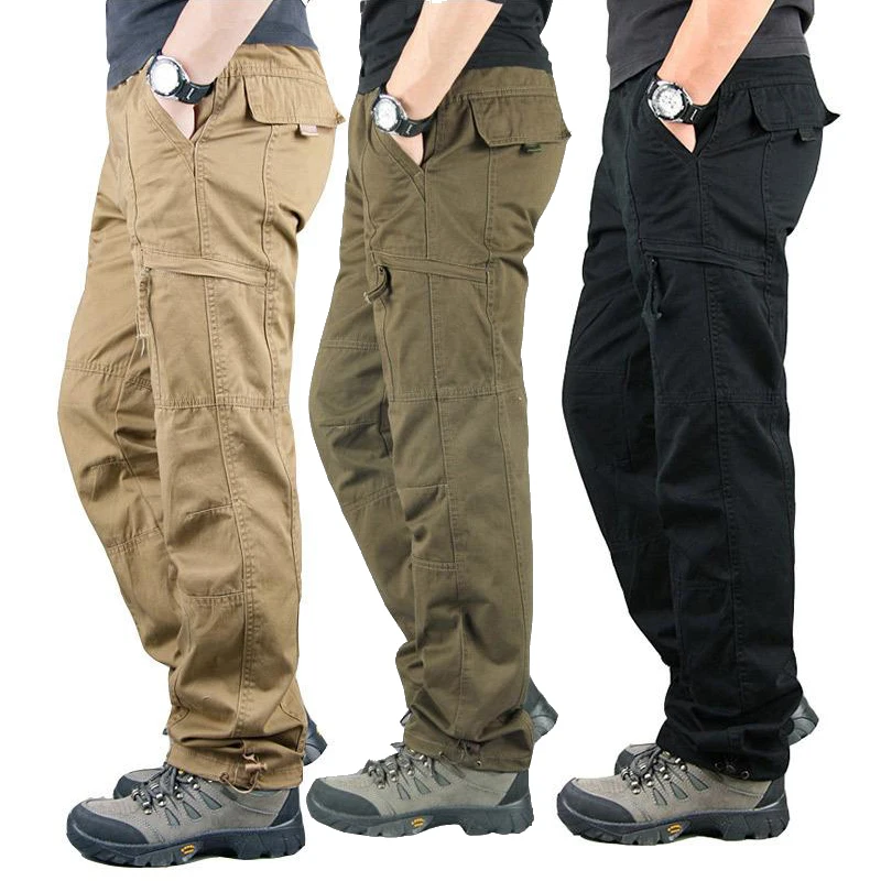 High Quality Men's Pants Elastic Waist Cargo Large Size Cotton Pants Multi-Pocket Trousers Sports Training Work Pants