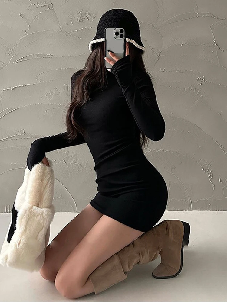 Turtleneck Long Sleeves Dresses Black Sexy Pleated Bodycon Mini Dress 2025 Fall Winter Women Streetwear Party Club Y2K Clothings