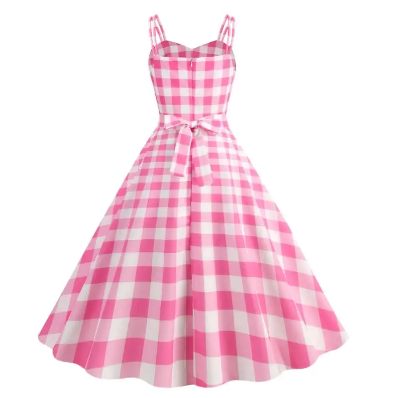 Women's Fashion Dress Pink Plaid Party Evening Dress Summer Sexy Halter Retro Lady Look Slimmer Swing Dress