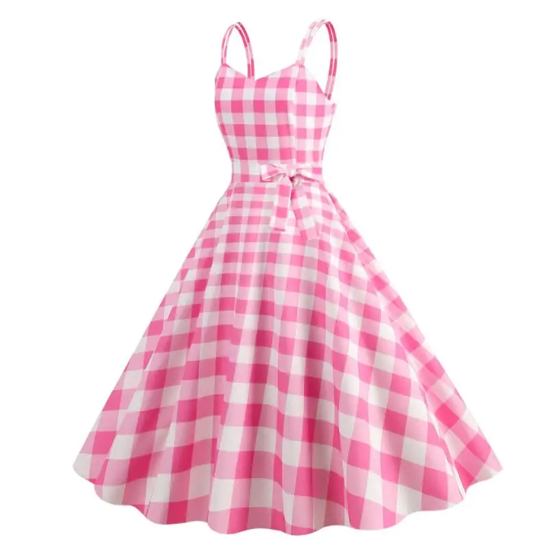 Women's Fashion Dress Pink Plaid Party Evening Dress Summer Sexy Halter Retro Lady Look Slimmer Swing Dress