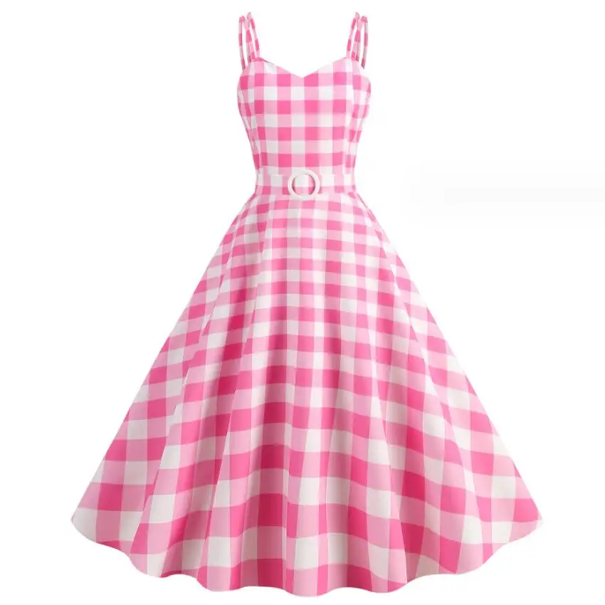 Women's Fashion Dress Pink Plaid Party Evening Dress Summer Sexy Halter Retro Lady Look Slimmer Swing Dress